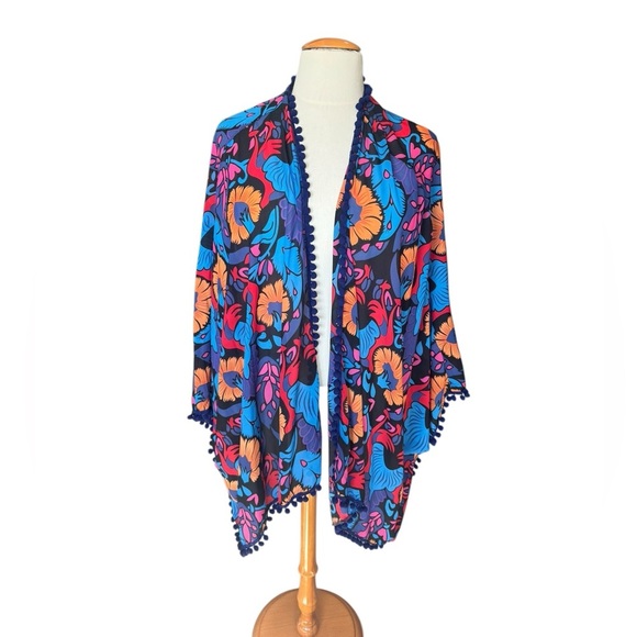 Colleen Lopez Floral Kimono 2X/3X Boho Pom Pom Trim Sheer Cover Up L3 - Picture 1 of 8